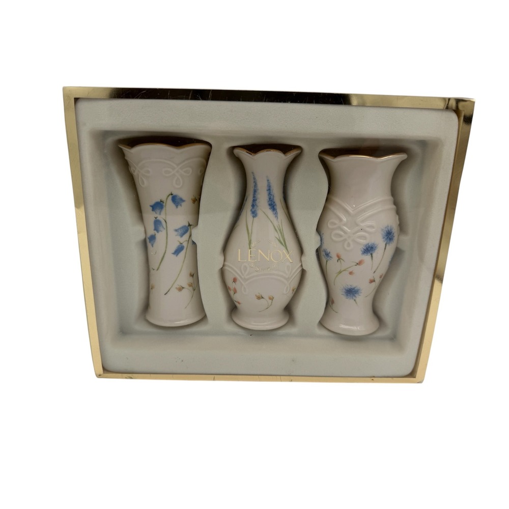 Lenox Set of 3 Floral Bud Vases Ivory China Gold Trim Blue Wildflowers 6225999